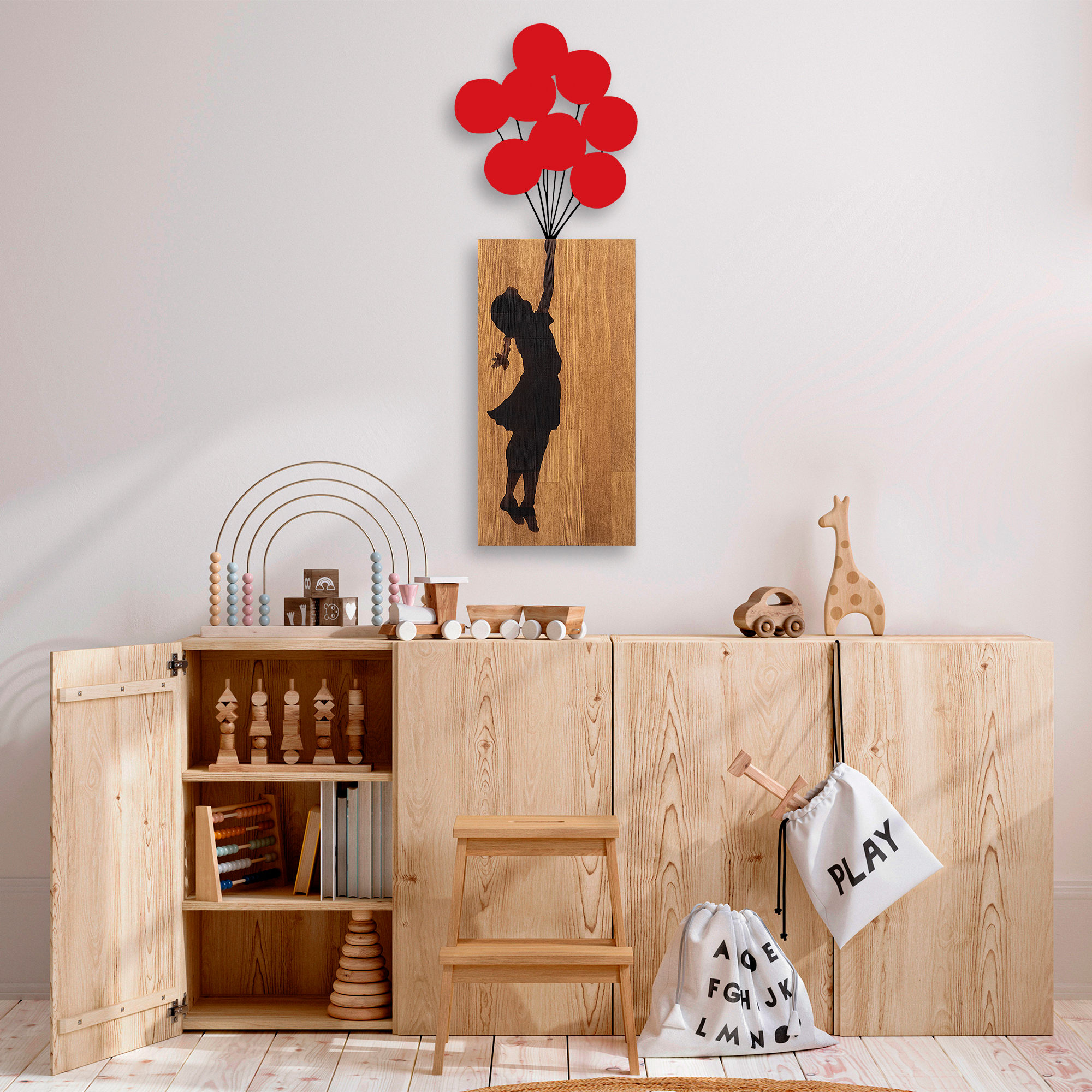 ASIR Nástěnná dekorace dřevo DĚVČE S BALÓNKY 34 x 99 cm
