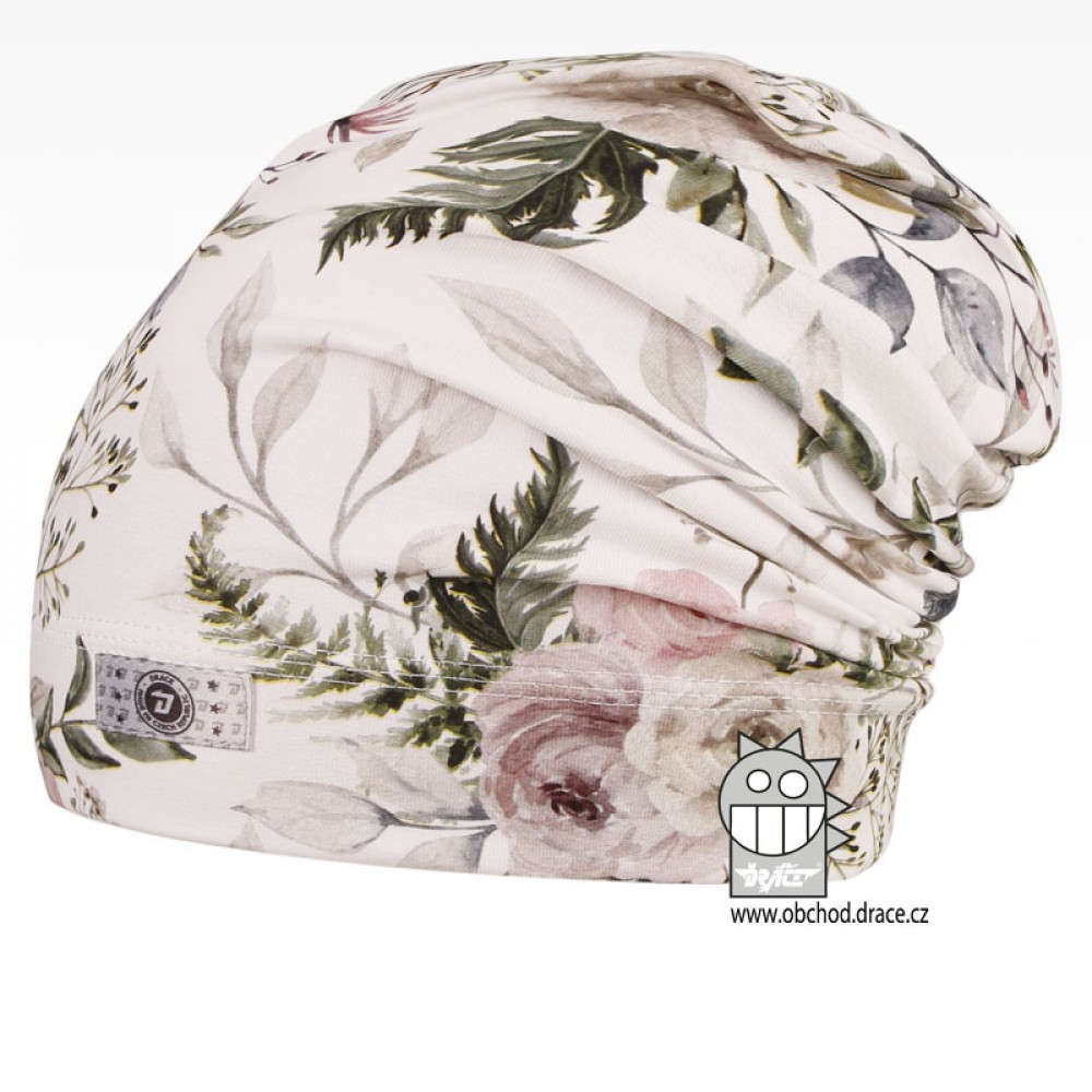 Bavlněná celopotištěná spadlá čepice Dráče - vzor 03 - bílá, květy Barva: Bílá, Velikost: 50-52