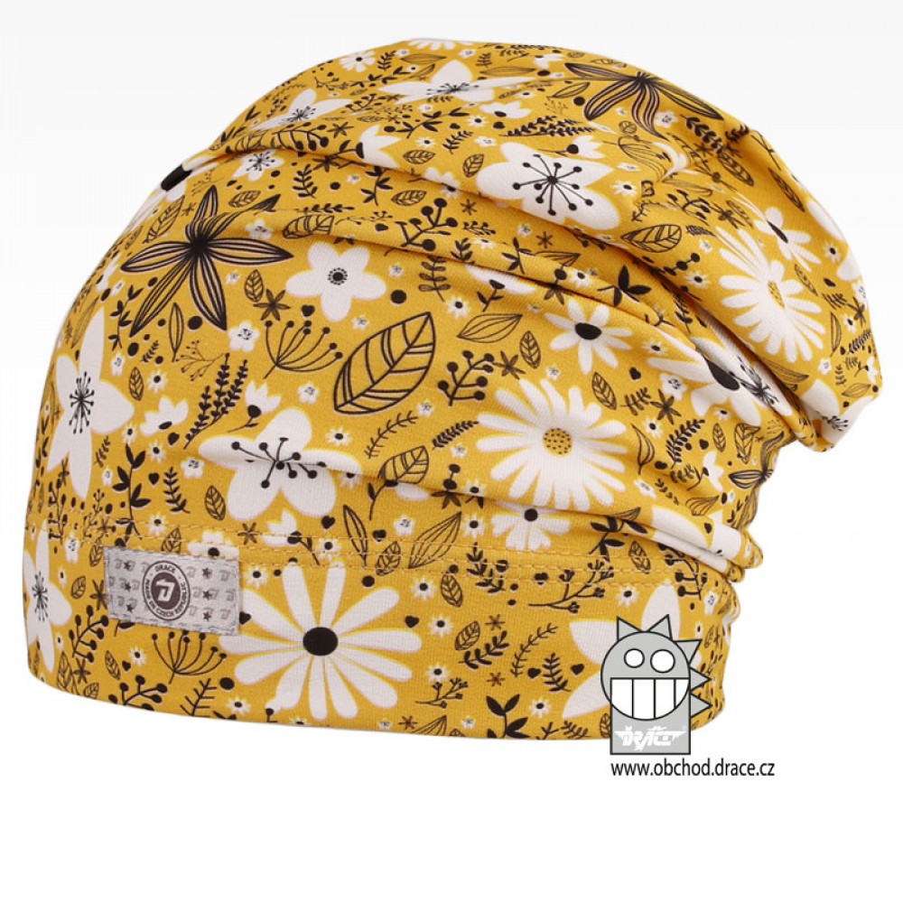 Bavlněná celopotištěná spadlá čepice Dráče - vzor 01 - žlutá, květy Barva: Žlutá, Velikost: 54-56