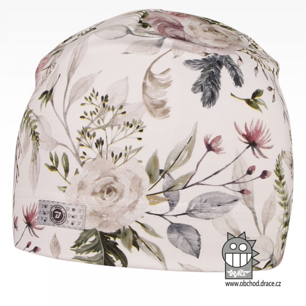 Bavlněná celopotištěná čepice Dráče - vzor 03 - bílá, květy Barva: Bílá, Velikost: 48-50