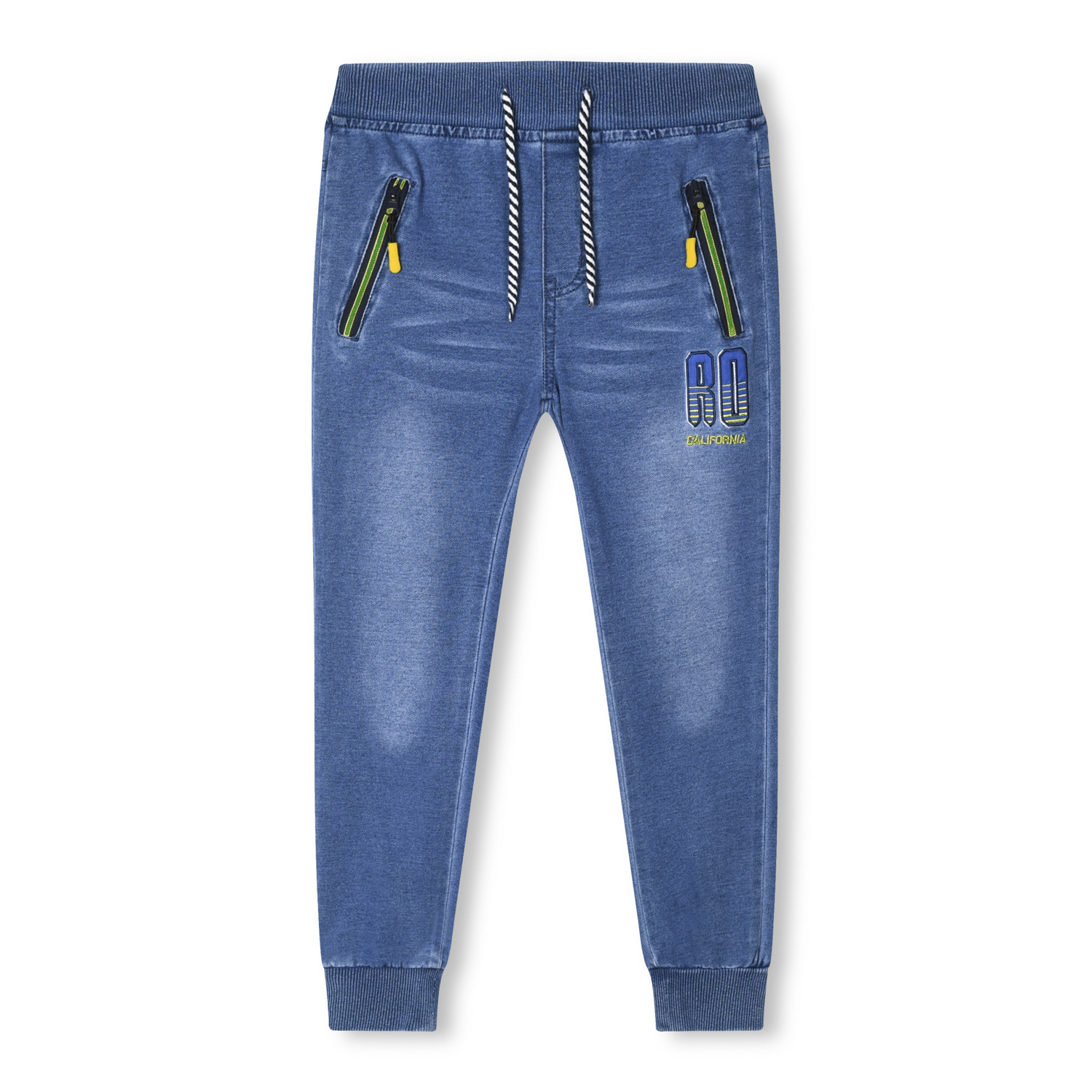 Chlapecké riflové kalhoty - KUGO FK0281, modrá/ zelená aplikace Barva: Modrá, Velikost: 116