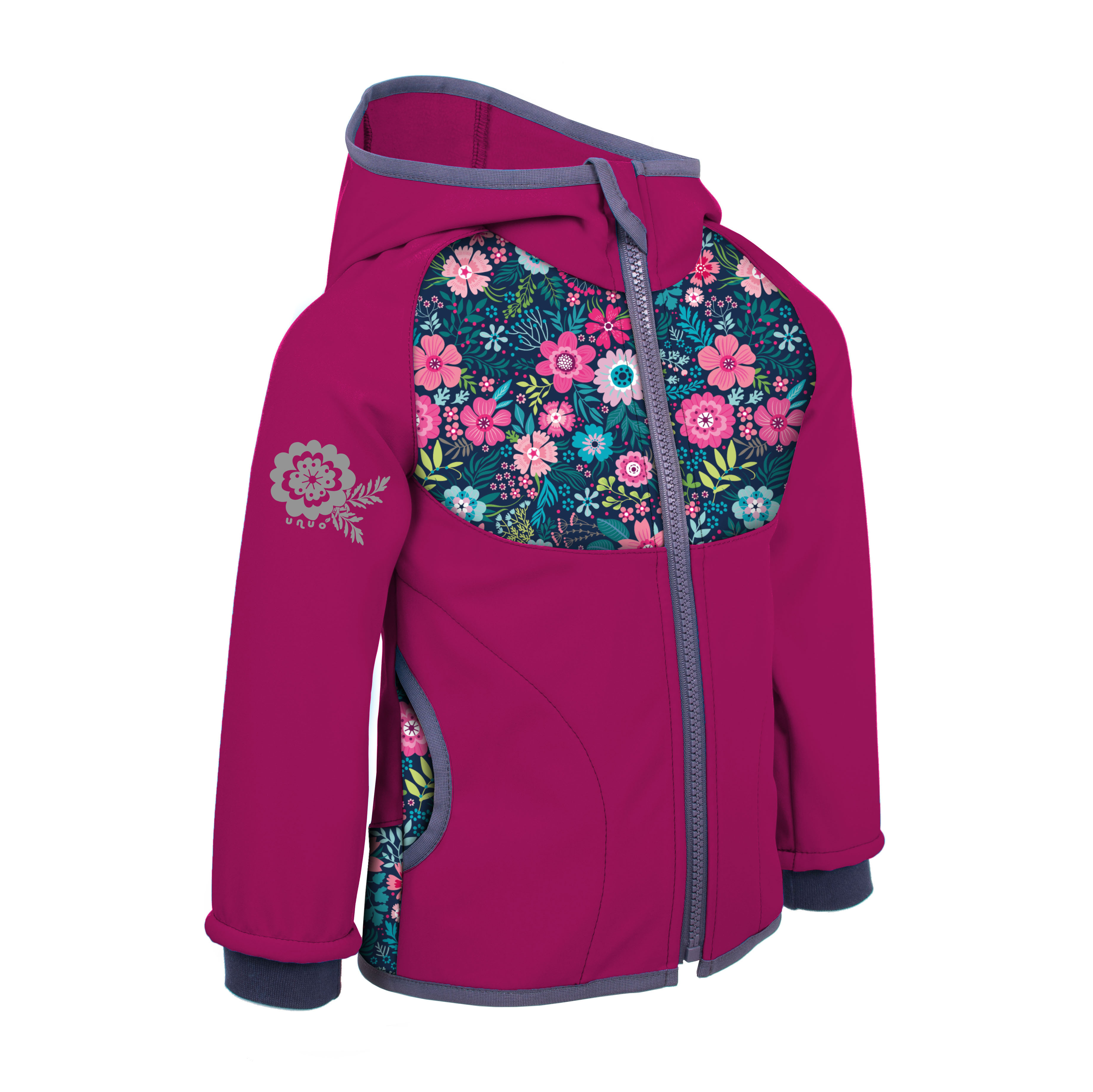 Dívčí softshellová bunda bez zateplení - Unuo Květinky,  tmavě růžová/ malinová Barva: Růžová tmavší, Velikost: 110-116