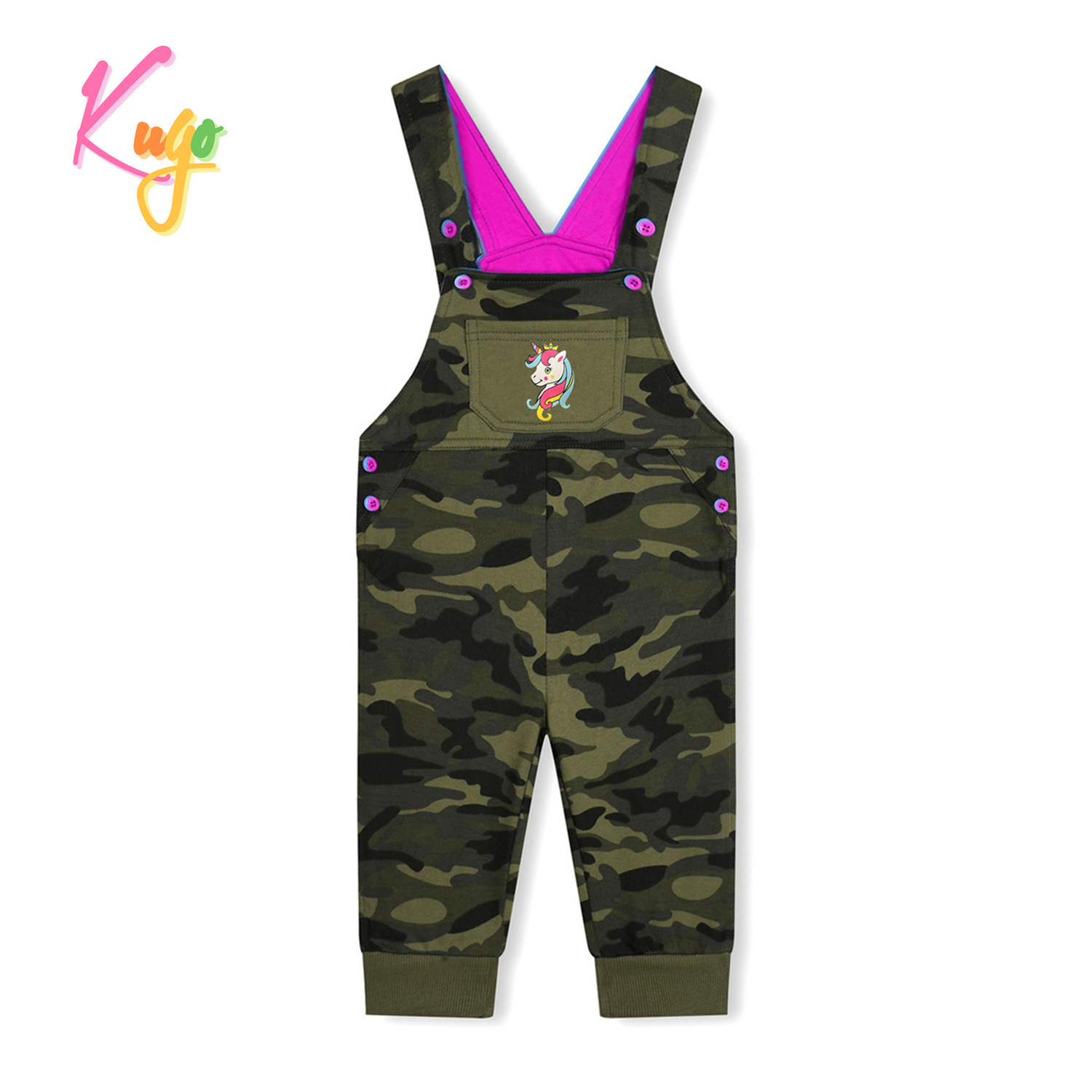 Dětské laclové tepláky - KUGO ST7733, maskáč/ růžová aplikace Barva: Khaki, Velikost: 80