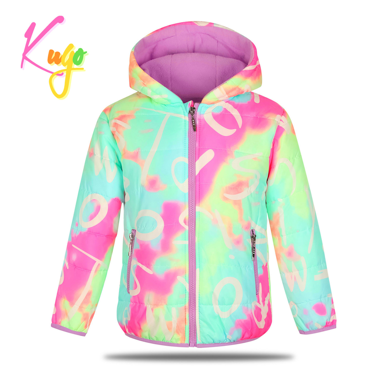 Dívčí zimní bunda - KUGO KM9981, batika/ fialkové zipy Barva: Mix barev, Velikost: 140