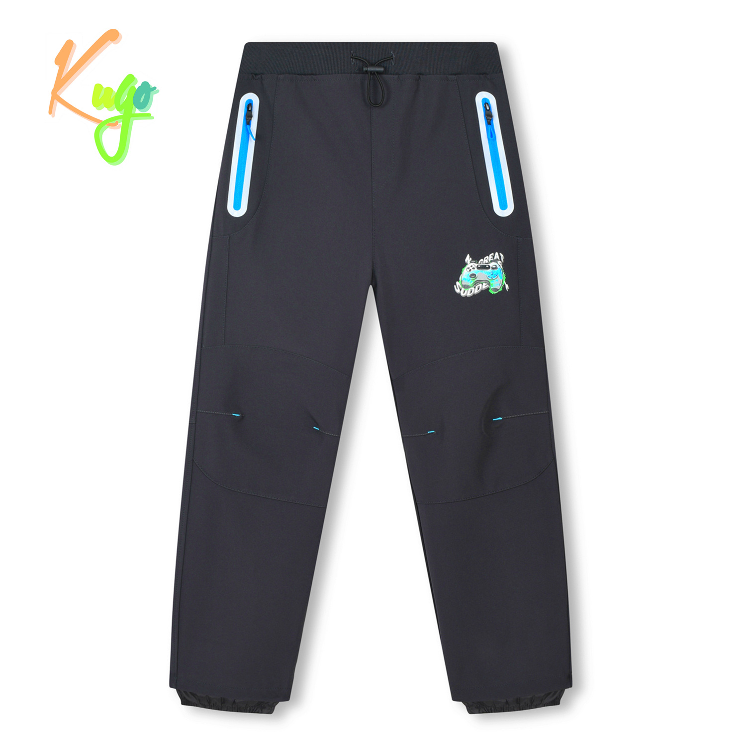 Chlapecké softshellové kalhoty - KUGO HK3118, šedá / modré zipy Barva: Šedá, Velikost: 140