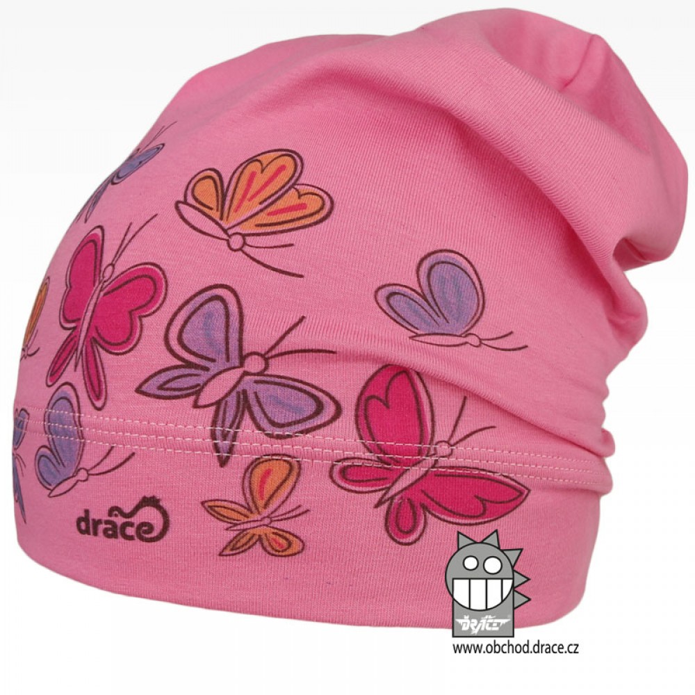Bavlněná čepice Dráče - Polo 64, růžová, motýlci Barva: Růžová, Velikost: 48-50