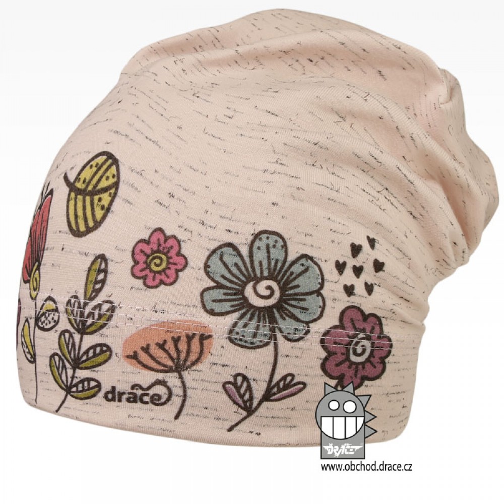 Bavlněná čepice Dráče - Polo 61, růžová melír, květy Barva: Růžová, Velikost: 50-52