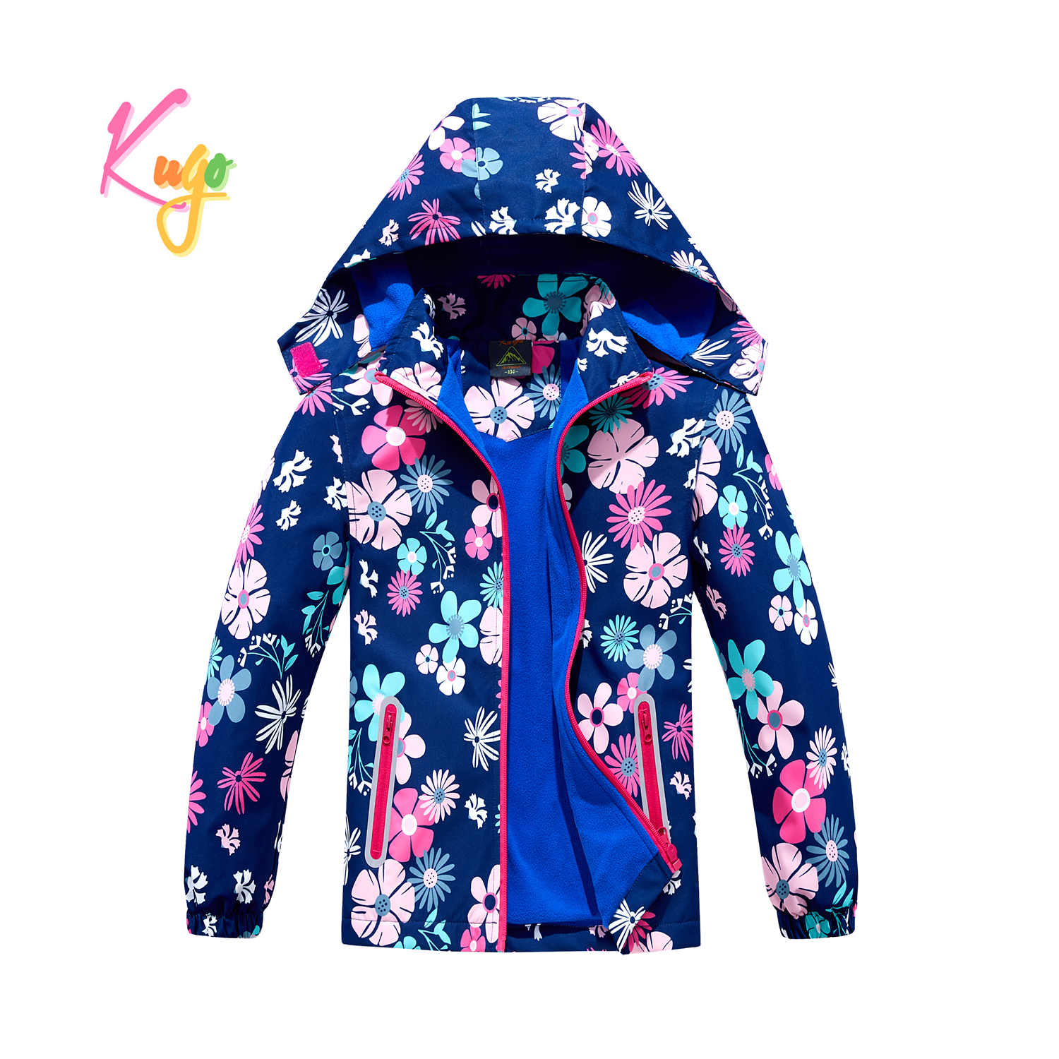 Dívčí podzimní bunda, zateplená - KUGO B2857, tmavě modrá, kytky Barva: Modrá tmavě, Velikost: 110