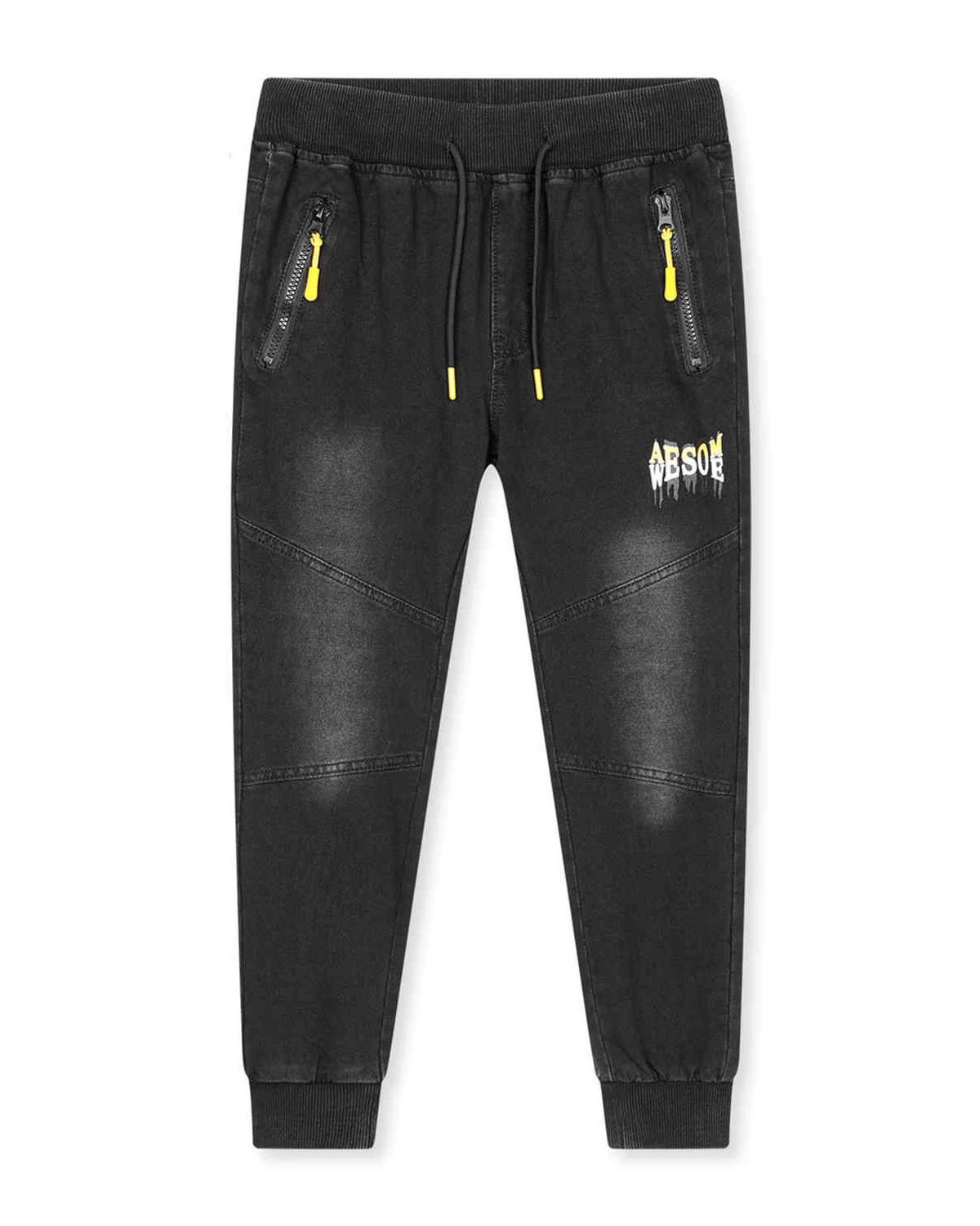 Chlapecké riflové kalhoty / tepláky - KUGO CK0928, černá / žlutá aplikace Barva: Černá, Velikost: 140