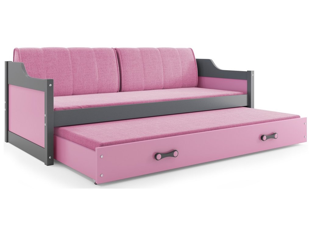 BMS Detská posteľ  s prístelkou DAWID FARBA: Grafit, ROZMER: 80 x 190 cm, DOPLNKOVÁ FARBA: Ružová