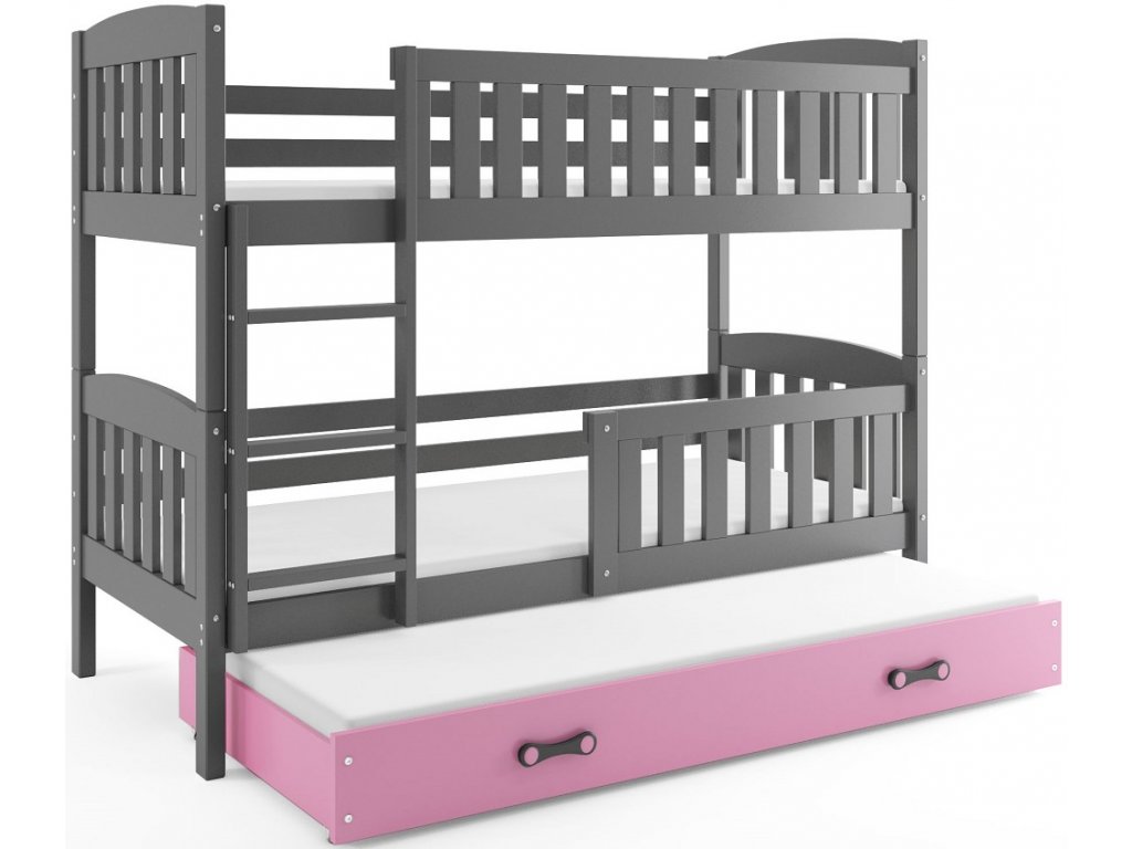 BMS Detská poschodová posteľ KUBUŠ 3 s prístelkou | sivá  80 x 190 cm FARBA: Grafit, DOPLNKOVÁ FARBA: Ružová