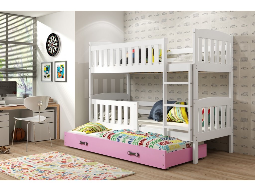 BMS Detská poschodová posteľ KUBUŠ 3 s prístelkou | biela FARBA: Biela 80 x 190 cm, DOPLNKOVÁ FARBA: Ružová