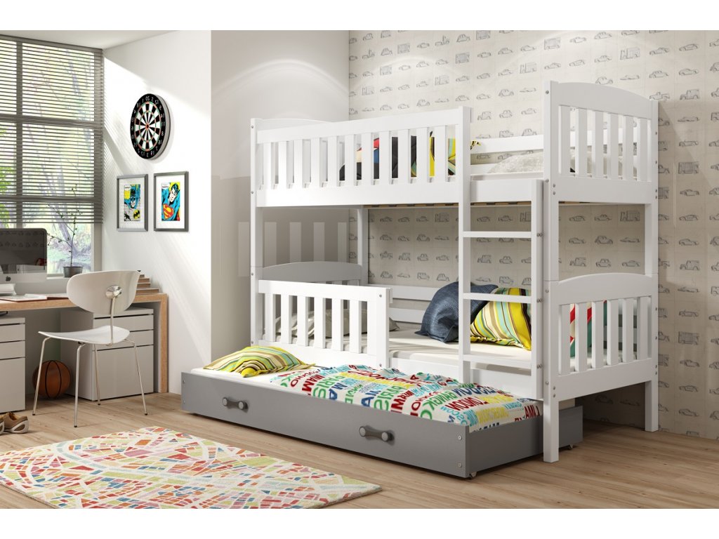 BMS Detská poschodová posteľ KUBUŠ 3 s prístelkou | biela FARBA: Biela 90 x 200 cm, DOPLNKOVÁ FARBA: Grafit