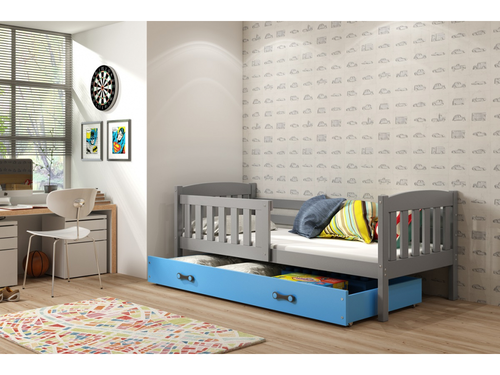 BMS Detská posteľ KUBUŠ 1 s úložným priestorom FARBA: Grafit 80 x 160 cm, DOPLNKOVÁ FARBA: Modrá