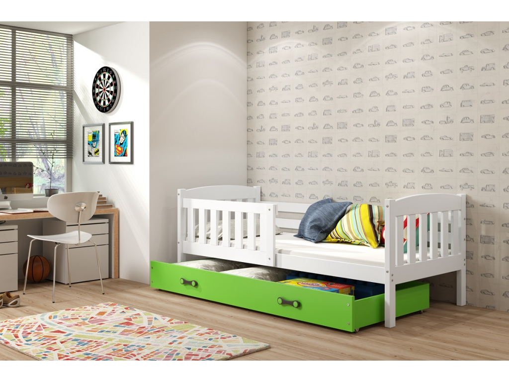 BMS Detská posteľ KUBUŠ 1 s úložným priestorom FARBA: Biela 80 x 190 cm, DOPLNKOVÁ FARBA: Zelená