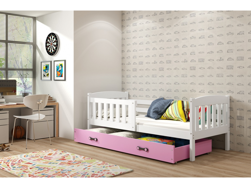 BMS Detská posteľ KUBUŠ 1 s úložným priestorom FARBA: Biela 90 x 200 cm, DOPLNKOVÁ FARBA: Ružová