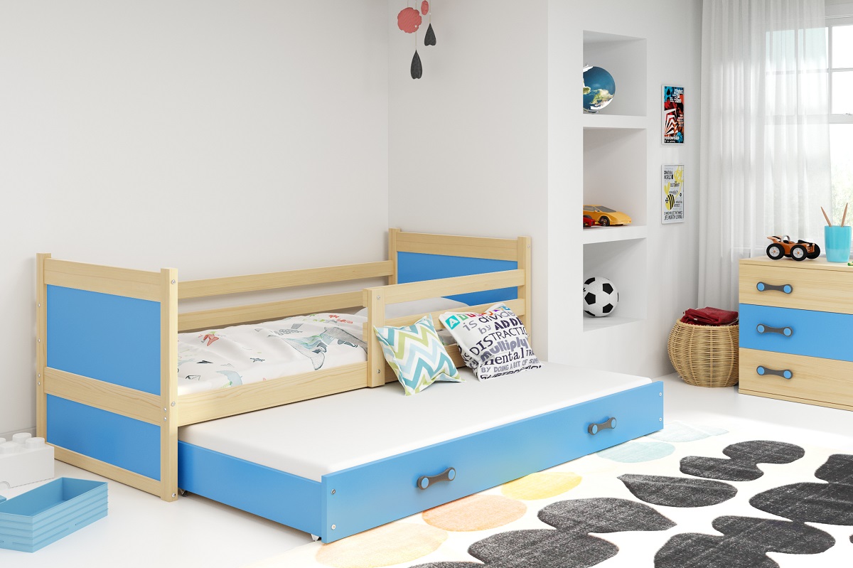 BMS Detská posteľ s prístelkou RICO 2 | 90 x 200 cm FARBA KONŠTRUKCIE: Borovica, DOPLNKOVÁ FARBA: Modrá