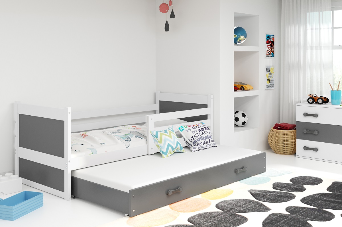 BMS Detská posteľ s prístelkou RICO 2 | 90 x 200 cm FARBA KONŠTRUKCIE: Biela, DOPLNKOVÁ FARBA: Sivá