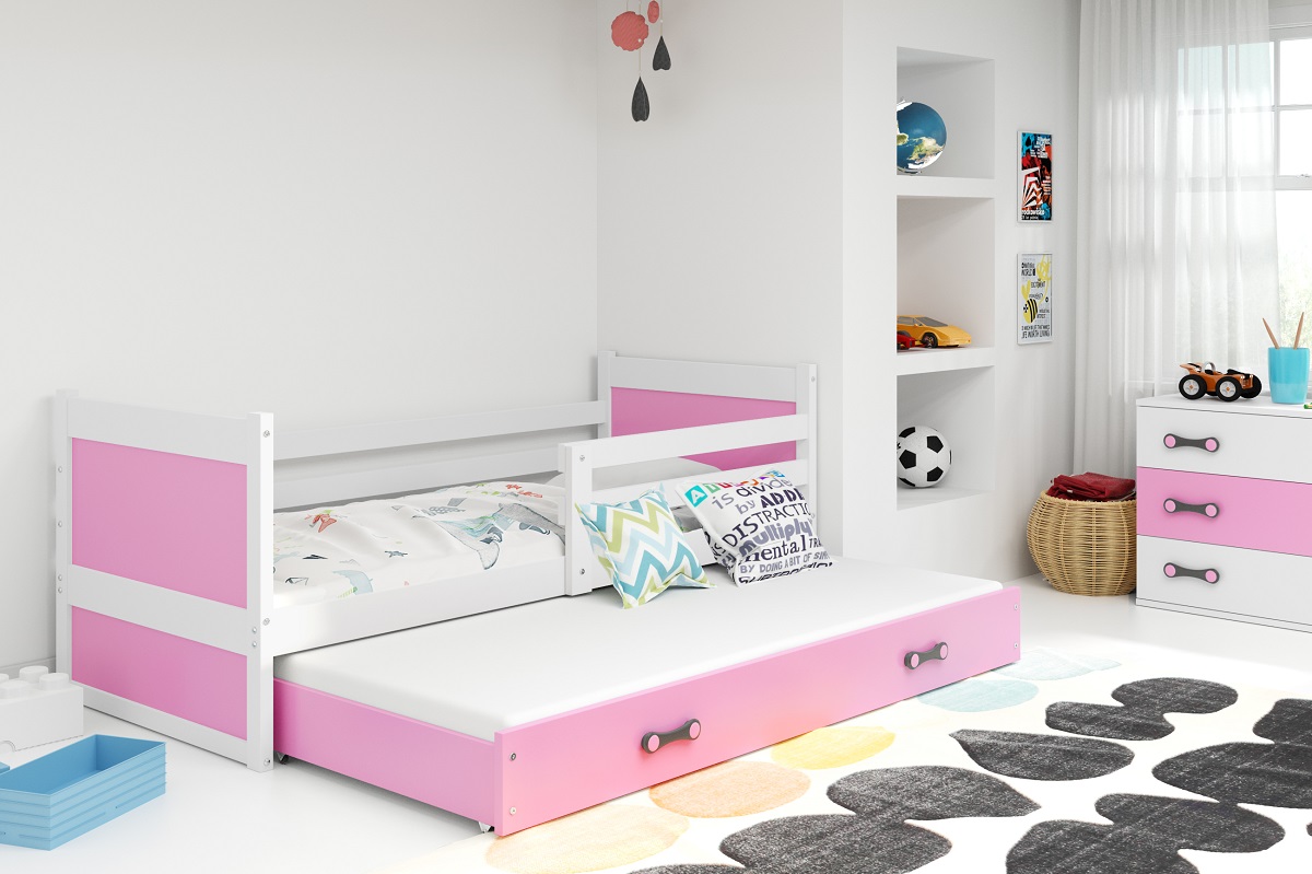 BMS Detská posteľ s prístelkou RICO 2 | 90 x 200 cm FARBA KONŠTRUKCIE: Biela, DOPLNKOVÁ FARBA: Ružová