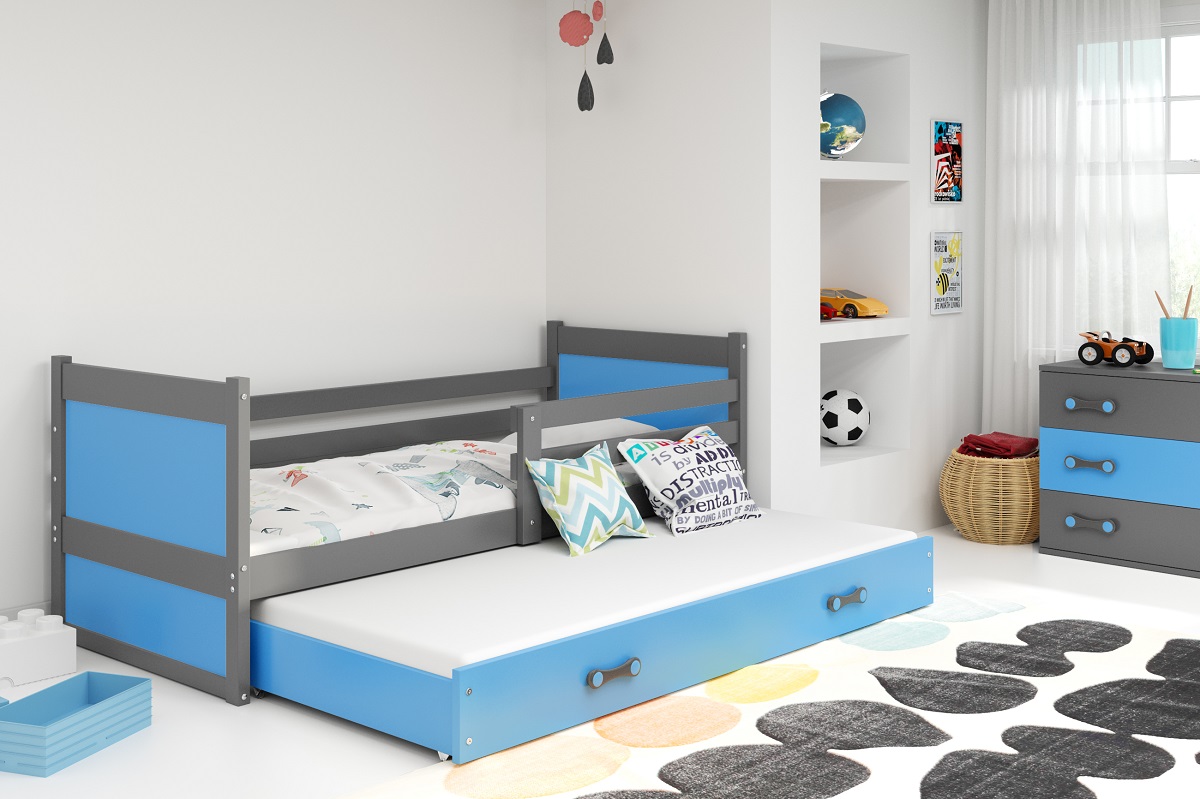 BMS Detská posteľ s prístelkou RICO 2 | 90 x 200 cm FARBA KONŠTRUKCIE: Grafit, DOPLNKOVÁ FARBA: Modrá