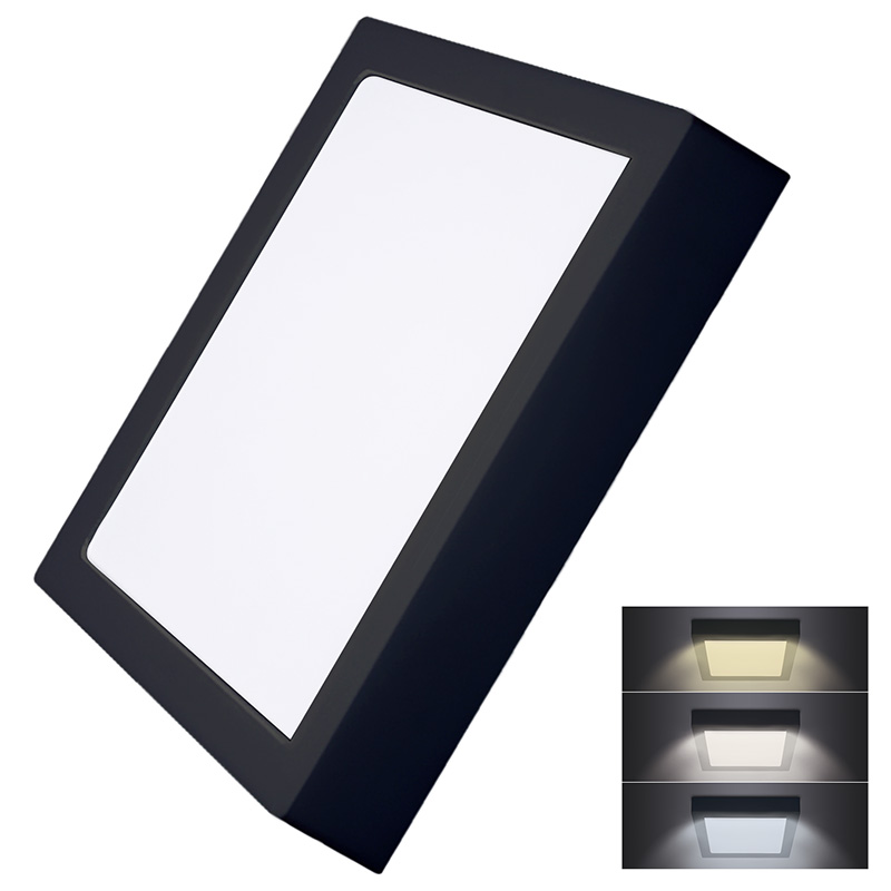 SOLIGHT WD175-B LED mini panel CCT, přisazený, 24W, 1800lm, 3000K, 4000K, 6000K, čtvercový, černá barva