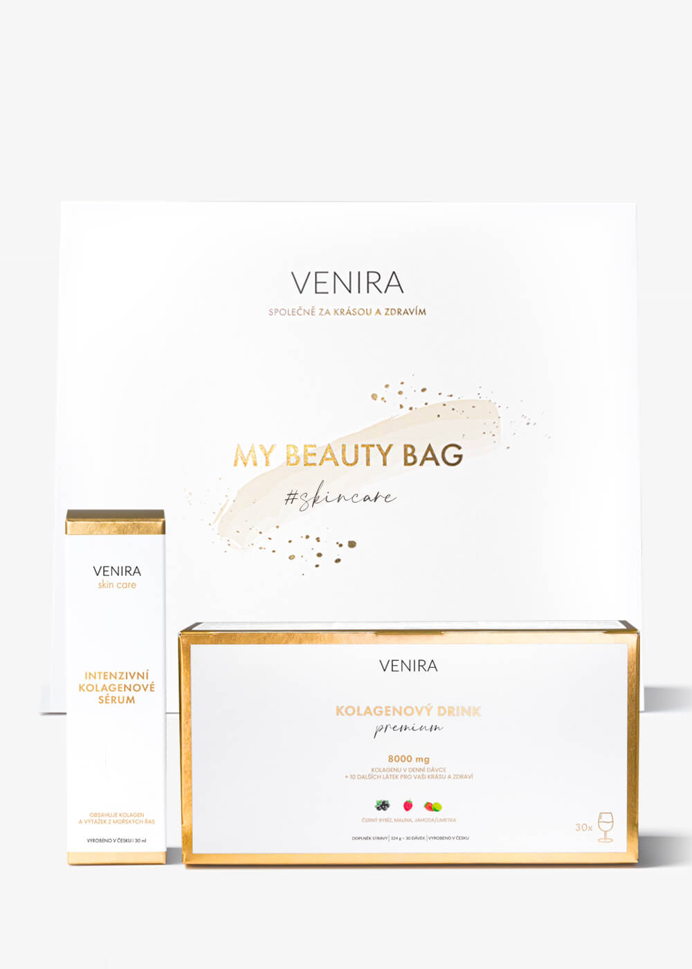 VENIRA beauty bag, dárková sada - intenzivní kolagenové sérum 30 ml, PREMIUM kolagenový drink mix 3 příchutí 30 sáčků