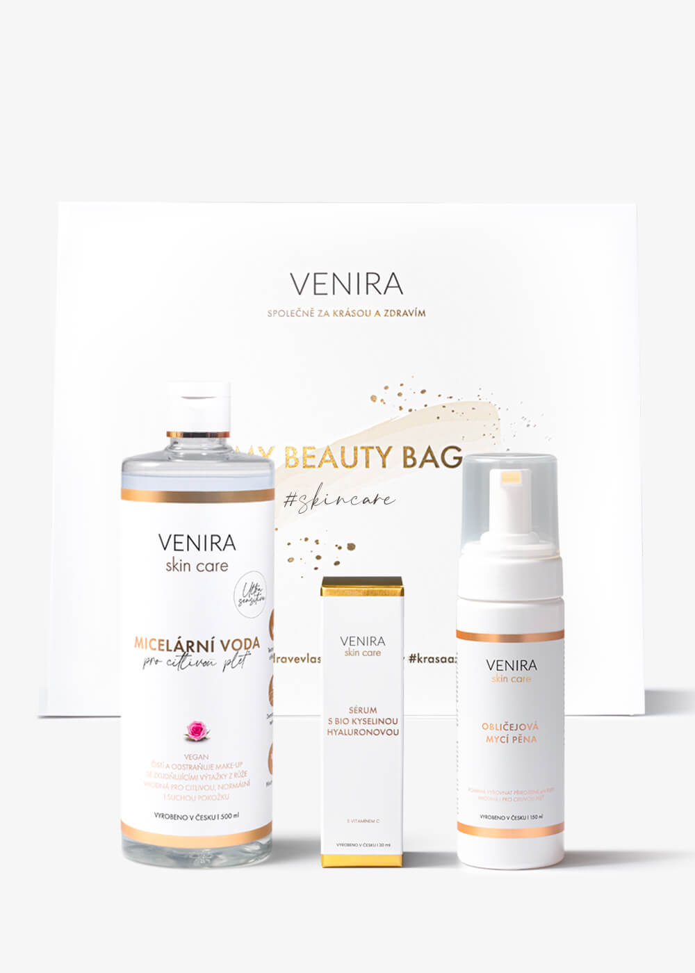 VENIRA beauty bag, dárková sada pro čištění a péči o pleť - obličejová mycí pěna 150 ml, micelární voda pro citlivou pleť 500 ml, sérum s bio kyselinou hyaluronovou a vitaminem c 30