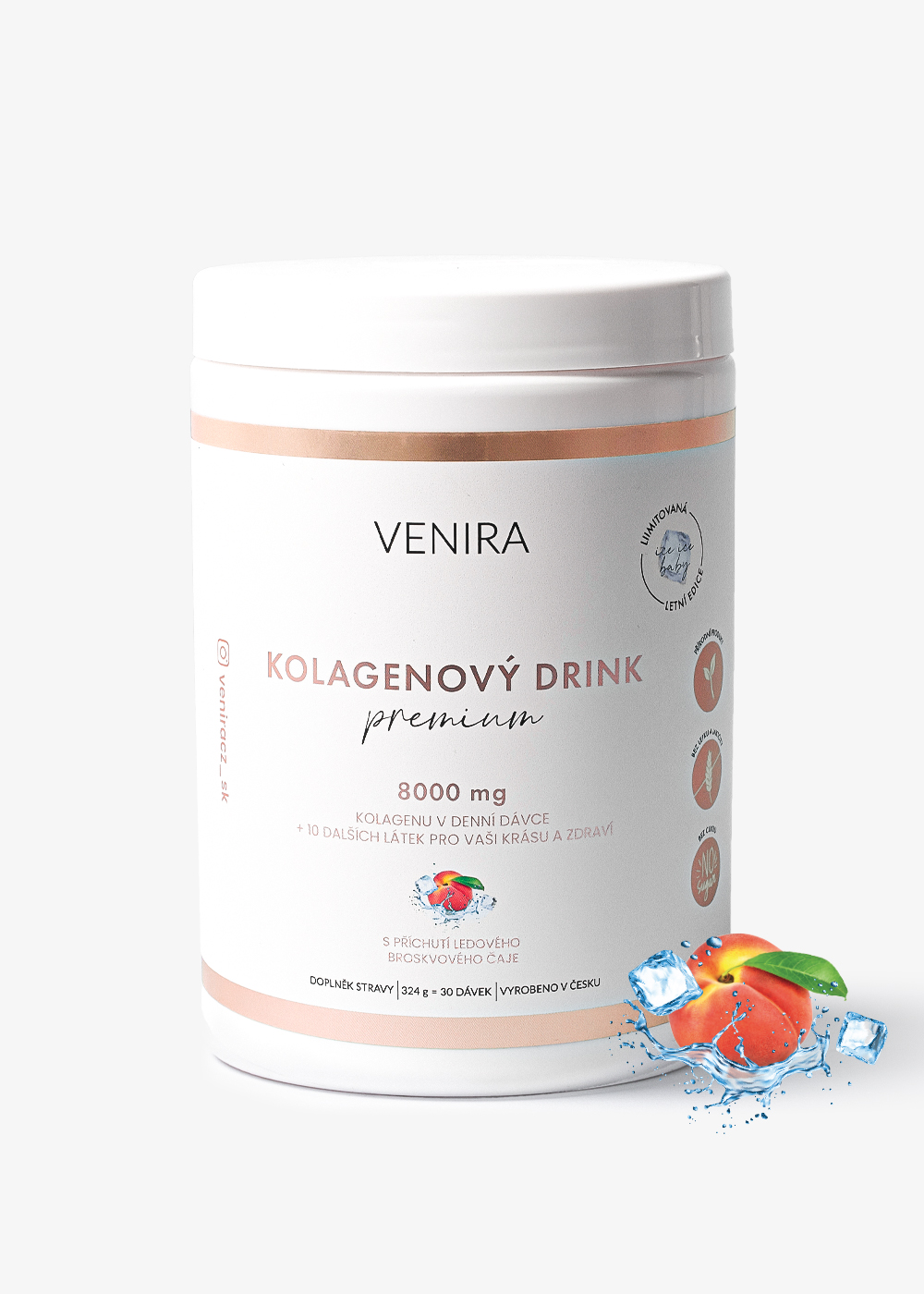 VENIRA PREMIUM kolagénový drink pre vlasy, nechty a pleť, ľadový broskyňový čaj, 324 g ľadový broskyňový čaj, bravčový kolagén, 324 g