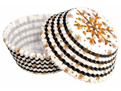 alvarak kosicky na muffiny c 90 cerno bile se zlatou snehovou vlockou 50 ks