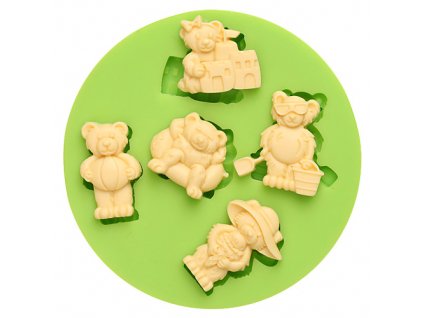 7ES 0014 Five Cool Teddy Bears Fondant Silicone Molds for cake decorating