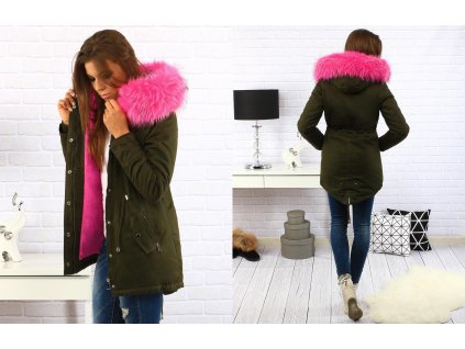 Dámská zimní khaki parka s růžovou kožešinou Breana (Velikost XL)