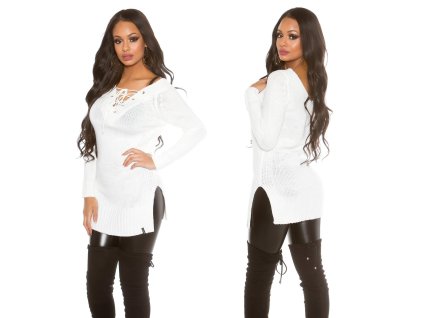 Dámský svetr se šněrováním ve výstřihu Koucla bílý (Velikost Univerzální)