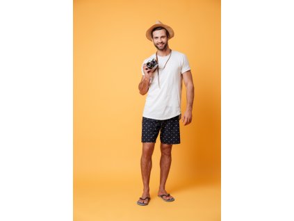 full length photo man with retro camera hands