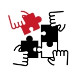 Ilustrace čtyř rukou skládajících puzzle – symbol spolupráce, podpory a řešení na míru. Červený dílek znázorňuje odlišnost a přínos odborného poradenství signtech