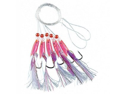 Pink rubber with white feathers 5-hooks size 1/0