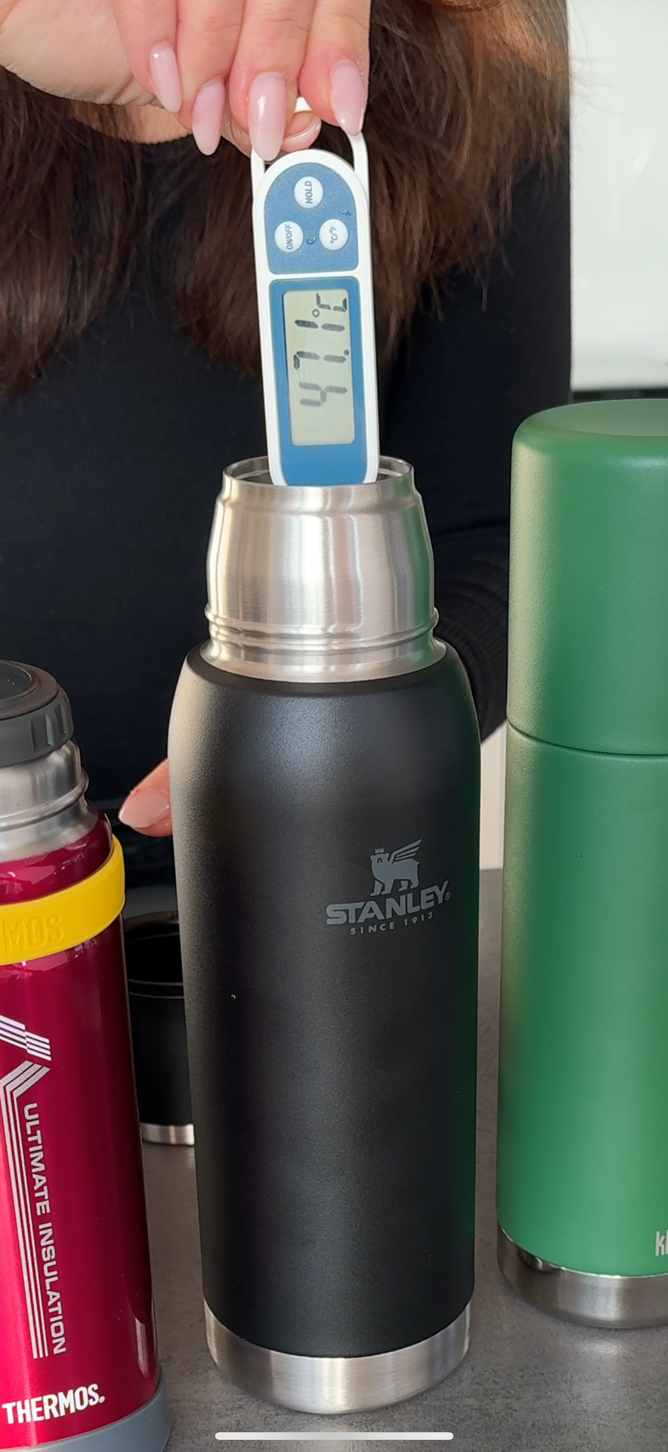 test termofliaš, ktorá udrží nápoj najdlhšie teplý - Stanley výsledok 47,1 °C