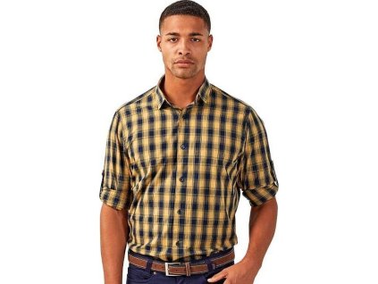 Pánská kostkovaná košile Mulligan s dlouhým rukávem (Velikost S, Barva Camel (ca. Pantone 132C)-Navy (ca. Pantone 2378C))
