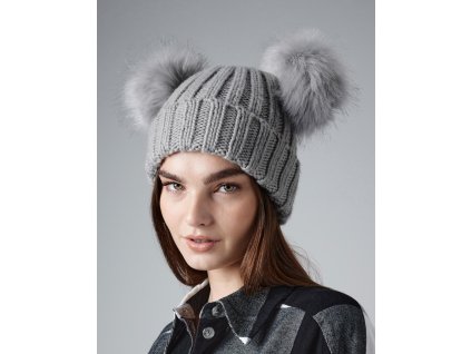 Čepice s manžetou a dvojitou bambulí Pop Pom z umělé kožešiny (Barva černá)