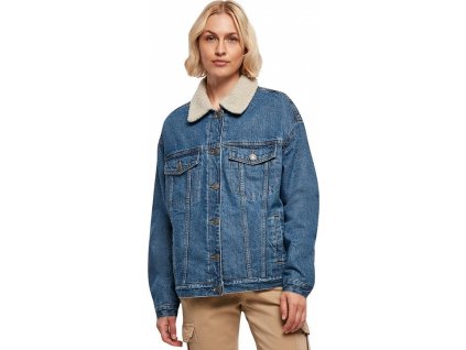 Dámská džínová overzsize bunda Sherpa s kožíškem (Velikost XXL, Barva modrá sepraná)