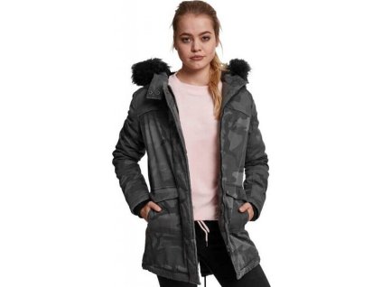 Dámská kamuflážová parka Urban Classicss s kapucí s kožíškem (Barva tmavá kamufláž, Velikost L)