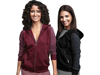 Dámská kontrastní mikina Miners Mate s velkou kapucí a kovovým zipem (Velikost XS, Barva černá mikina s melírovými rukávy)