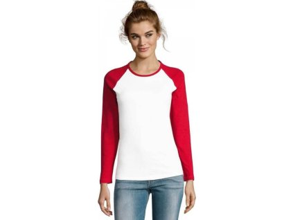 Dámské baseballové tričko s dlouhým kontrastním rukávem (Velikost S, Barva bílá - červená)