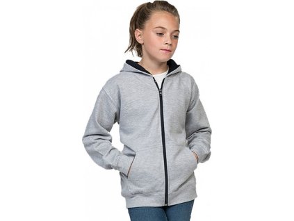Dětská propínací mikina s kapsami a kontrastní kapucí 80% bavlna (Velikost 5-6 let, Barva šedý melír - modrá námořní)