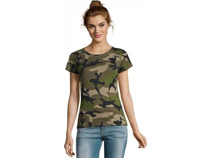 Kamuflážové dámské tričko ve slim fit střihu 100% bavlna (Velikost S, Barva zelená kamufláž)