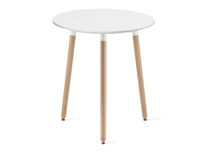 Bílý kulatý jídelní stůl KAMI o průměru 60 cm s přírodními bukovými nohami, výška 74,5 cm, moderní a nadčasový design