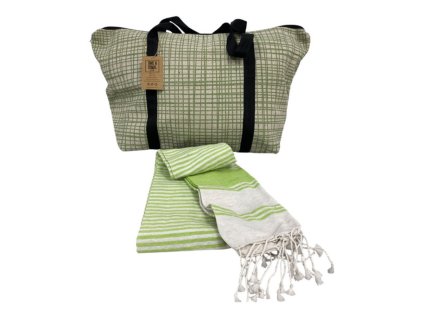 Stylový set plážové tašky + osušky HAMAM 75x150 cm, zelený, 100% bavlna