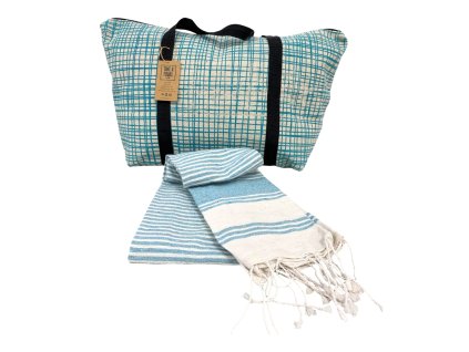 Stylový set plážové tašky + osušky HAMAM 75x150 cm, tyrkysový, 100% organická bavlna