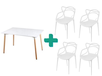 Jídelní set BERGEN 1+4, bílý stůl 120x80cm a bílé plastové židle KATO pro moderní interiér