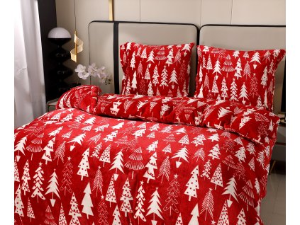 Povlečení mikroplyš CHRISTMAS TREES červené s vánočním motivem stromků