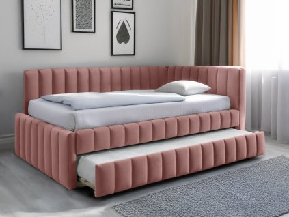 Čalouněná postel COMFINO VELVET s přistýlkou 120x200 cm v růžové barvě